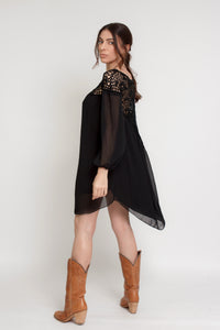 Chiffon mini dress with crochet back, in black. Image 7