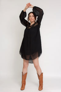 Chiffon mini dress with crochet back, in black. Image 8