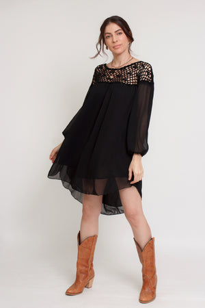 Chiffon mini dress with crochet back, in black. Image 9