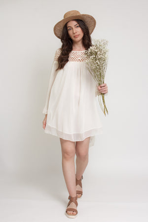 Chiffon mini dress with crochet back, in cream. Image 10