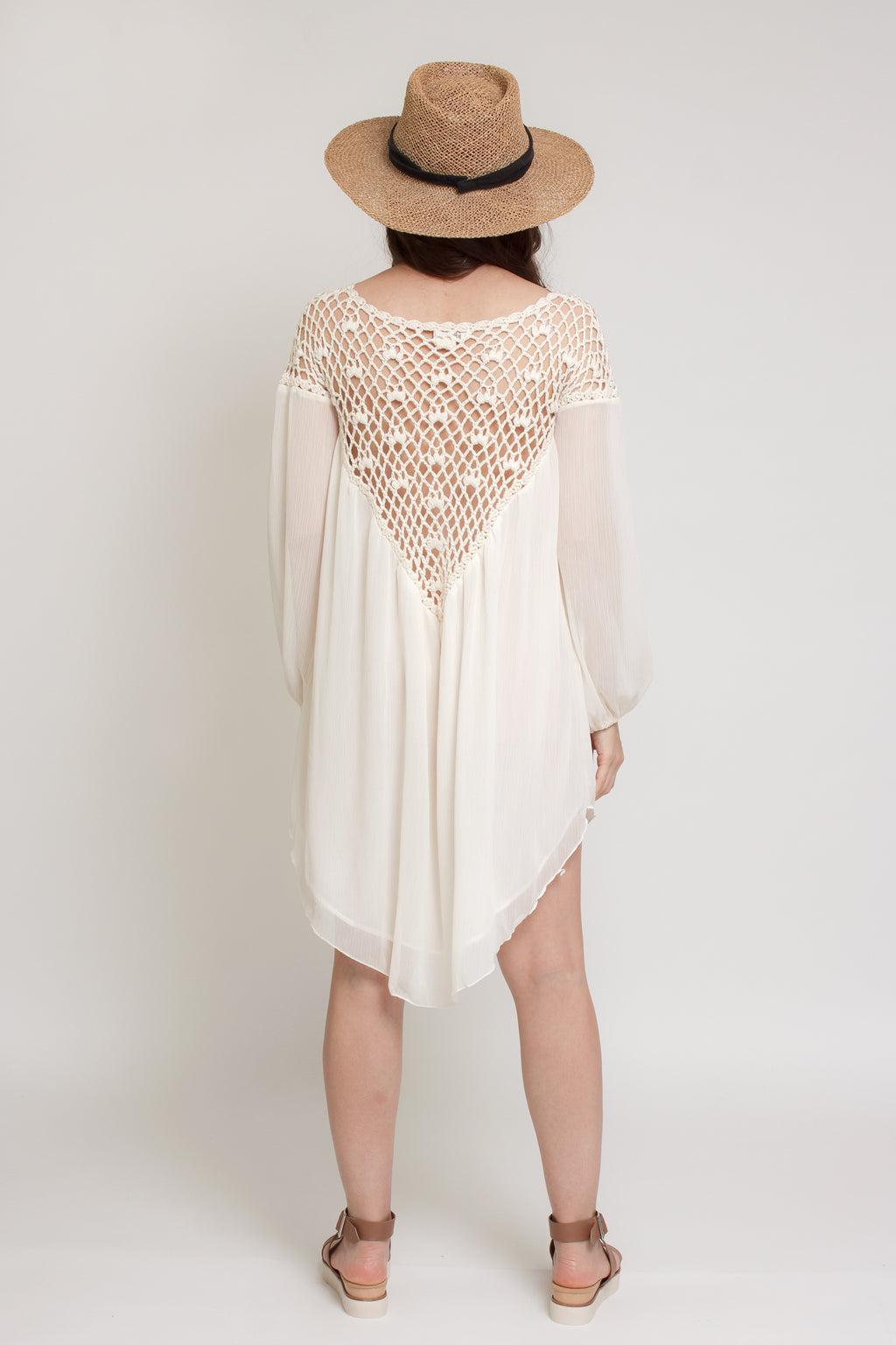 Chiffon mini dress with crochet back, in cream. Image 11