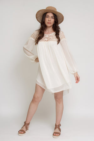 Chiffon mini dress with crochet back, in cream. Image 2
