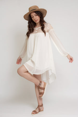 Chiffon mini dress with crochet back, in cream. Image 3
