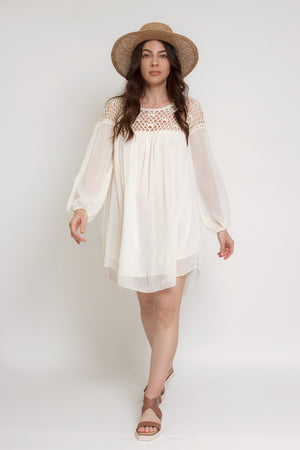 Chiffon mini dress with crochet back, in cream. Image 4