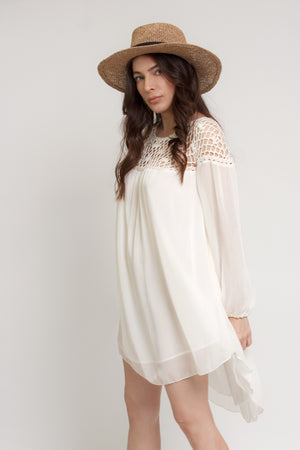 Chiffon mini dress with crochet back, in cream. Image 5