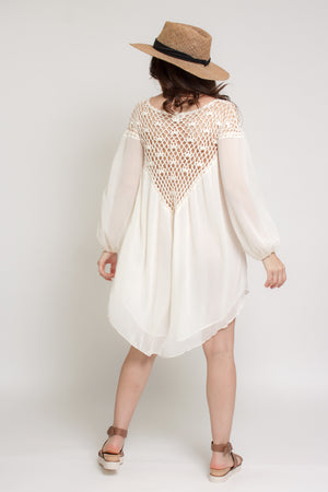Chiffon mini dress with crochet back, in cream. Image 6