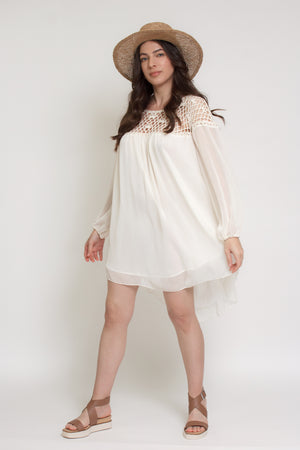 Chiffon mini dress with crochet back, in cream. Image 8