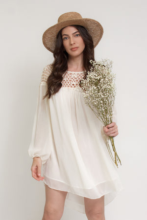 Chiffon mini dress with crochet back, in cream. Image 9