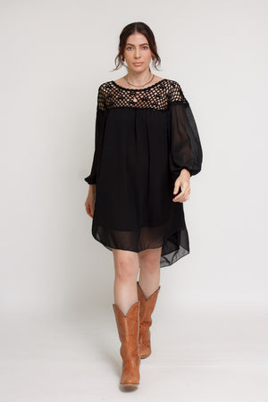 Chiffon mini dress with crochet back, in black. 