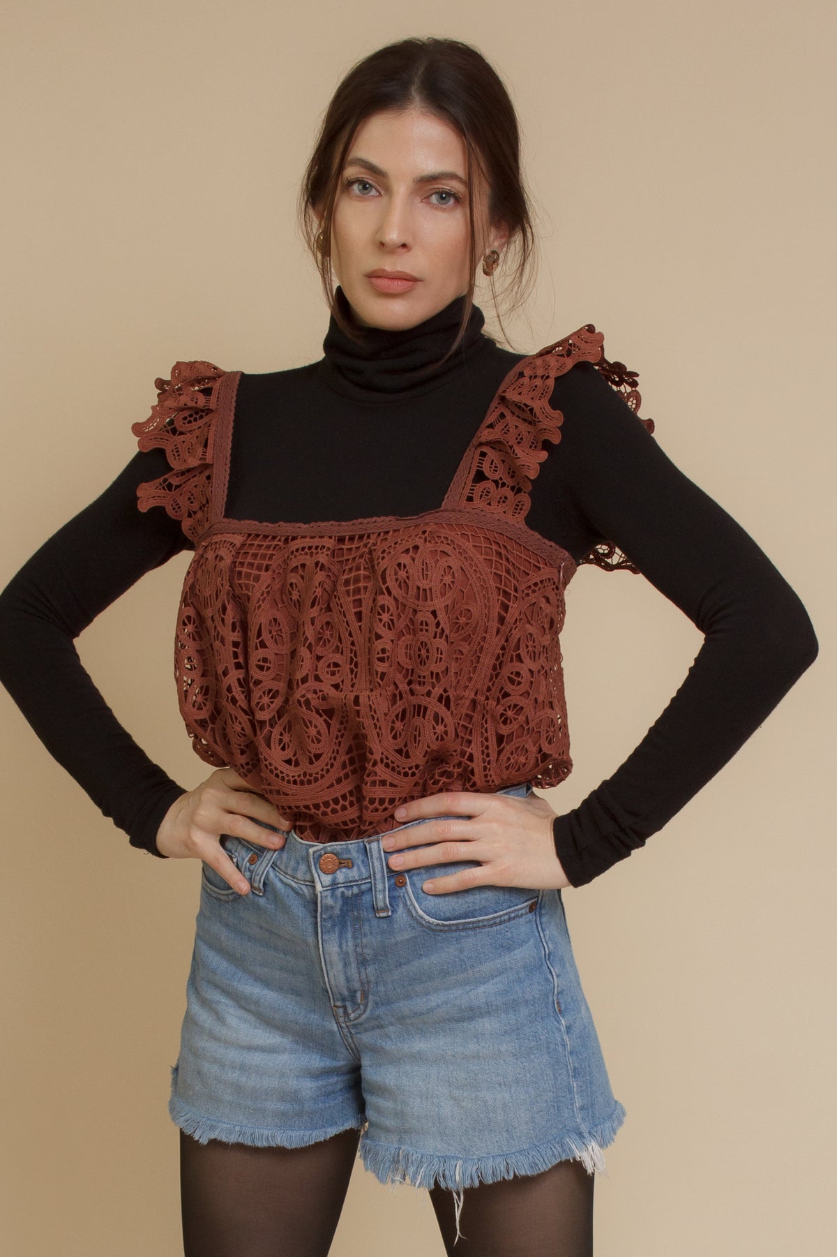 Crochet lace flutter top, in burnt henna.
