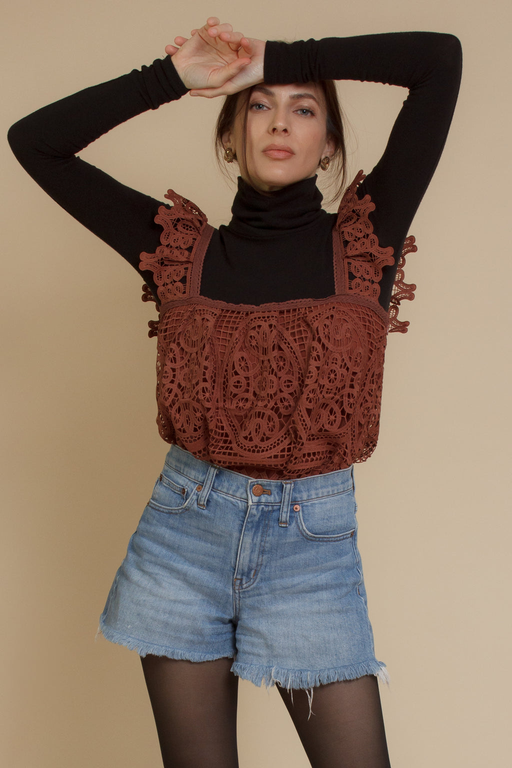 Crochet lace flutter top, in burnt henna.