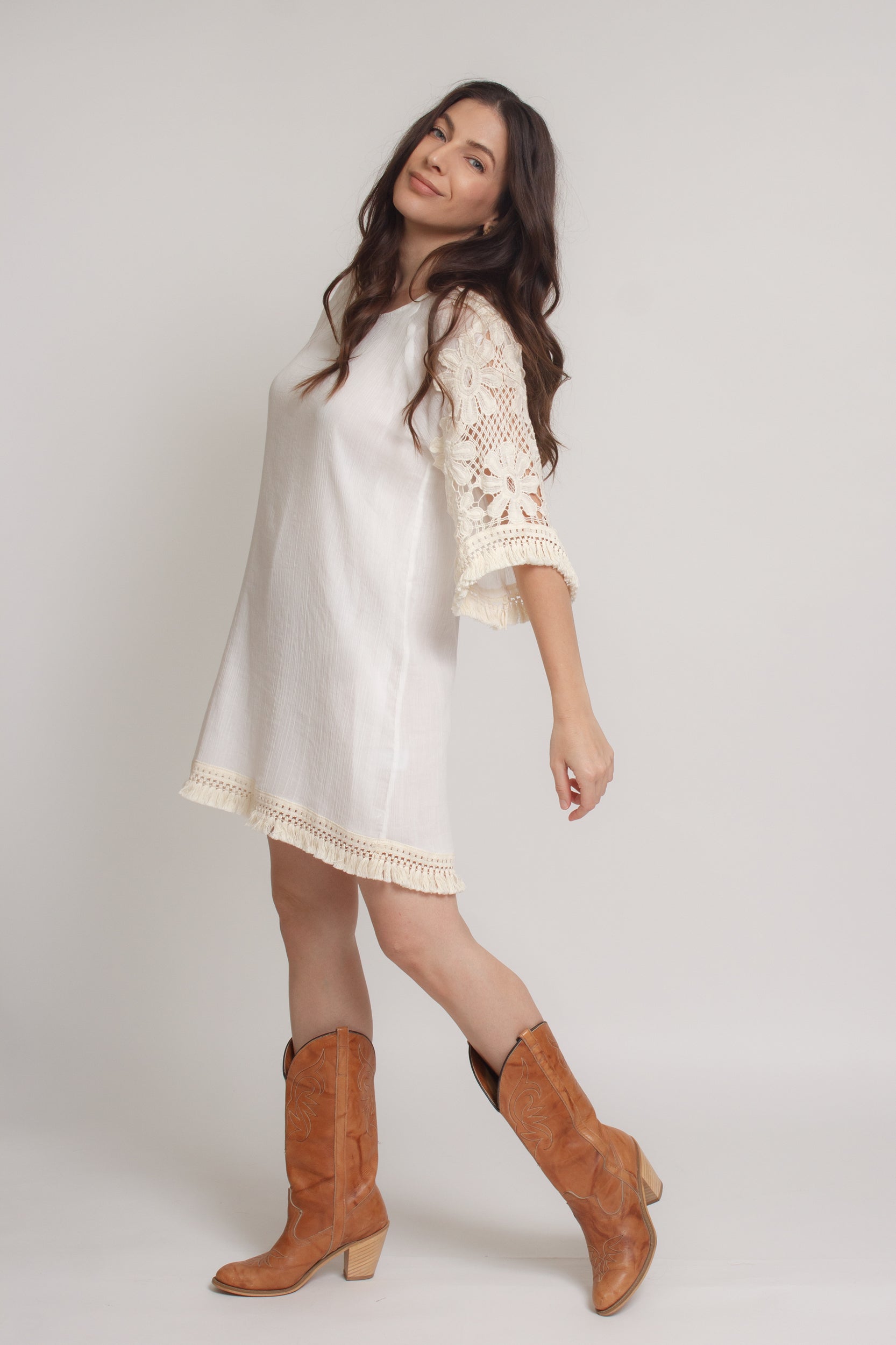 Crochet sleeve mini dress, in off white. Image 12