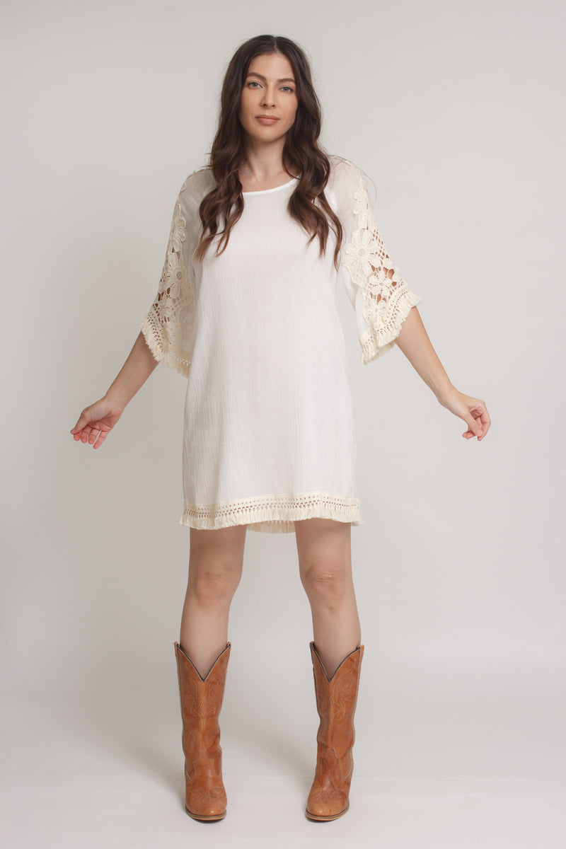 Crochet sleeve mini dress, in off white. Image 14