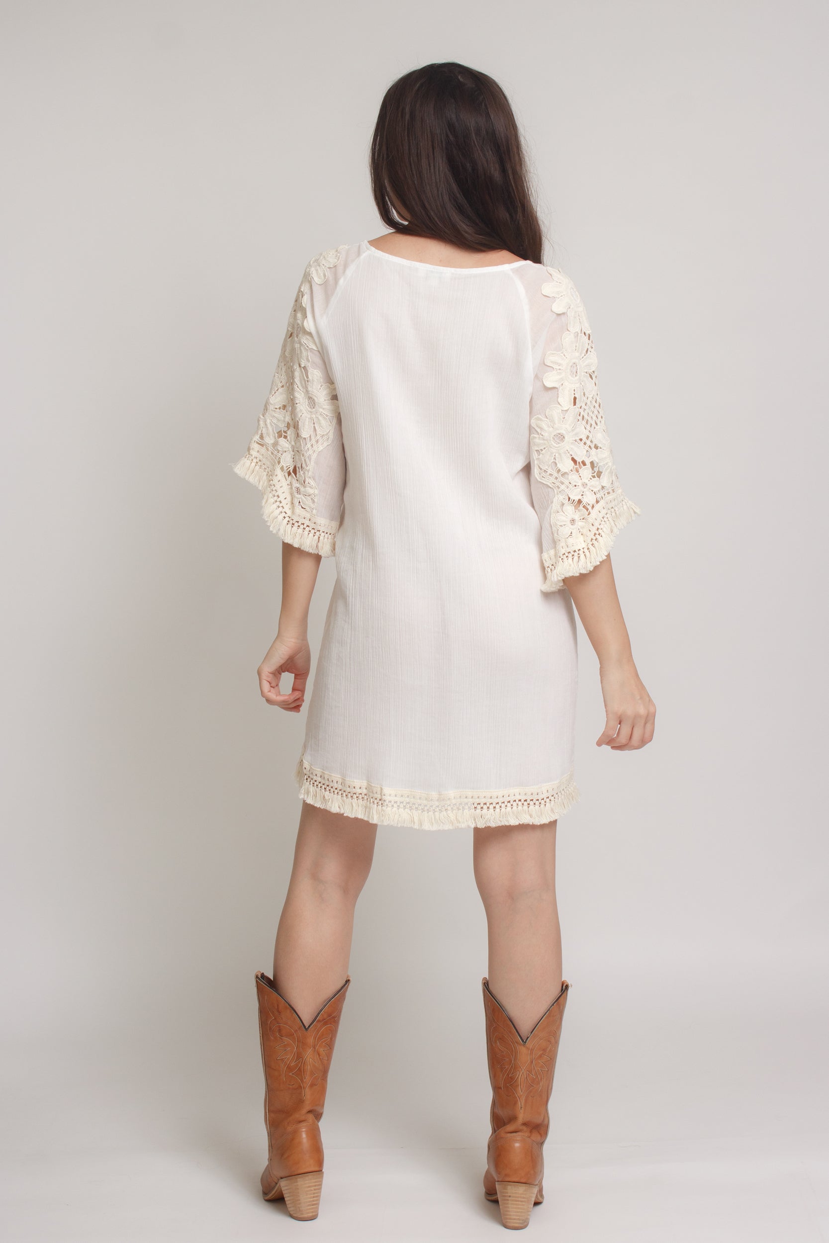 Crochet sleeve mini dress, in off white. Image 15
