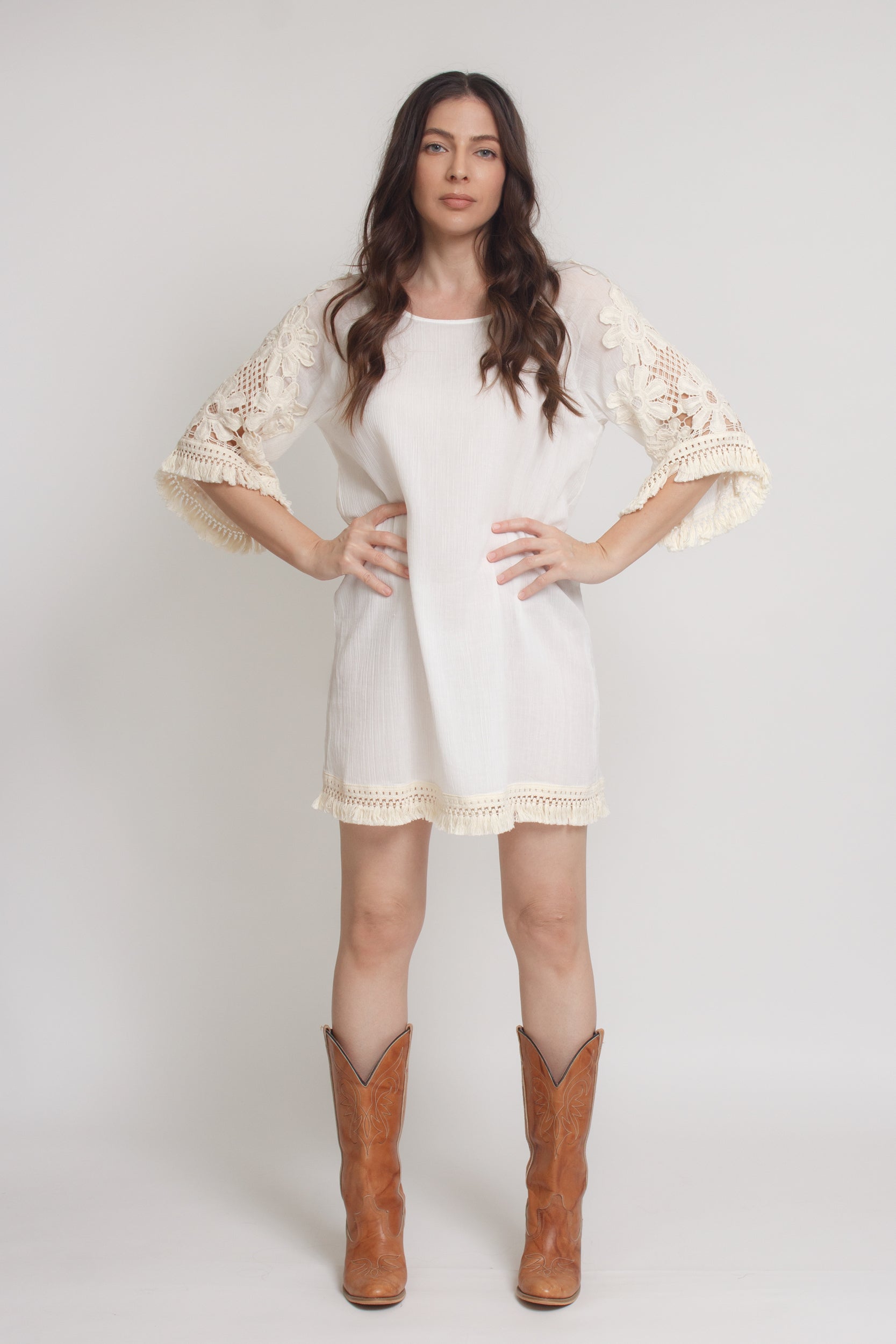 Umgee Floral Crochet Sleeve Mini Dress medium