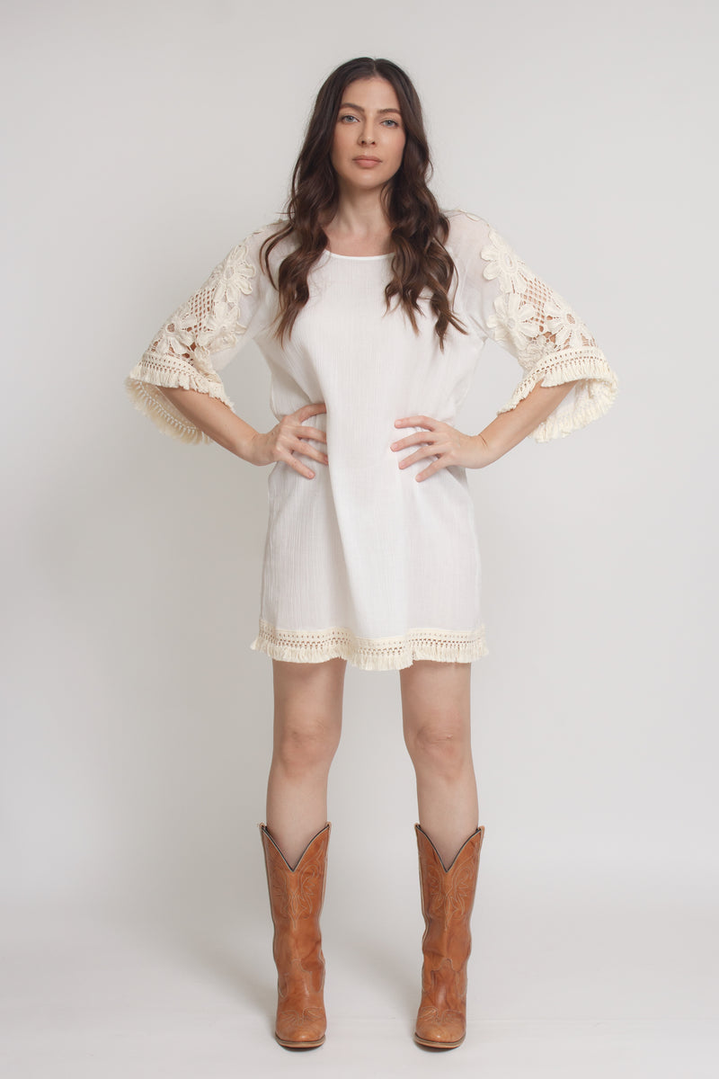 Crochet sleeve mini dress, in off white. Image 3