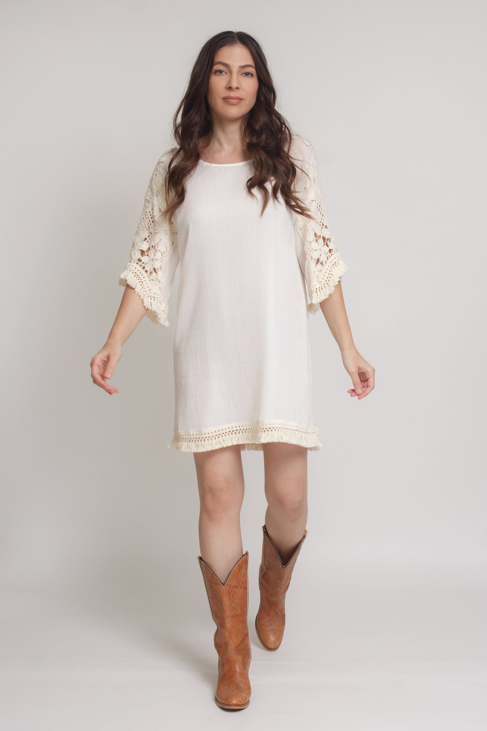 Crochet sleeve mini dress, in off white. Image 4
