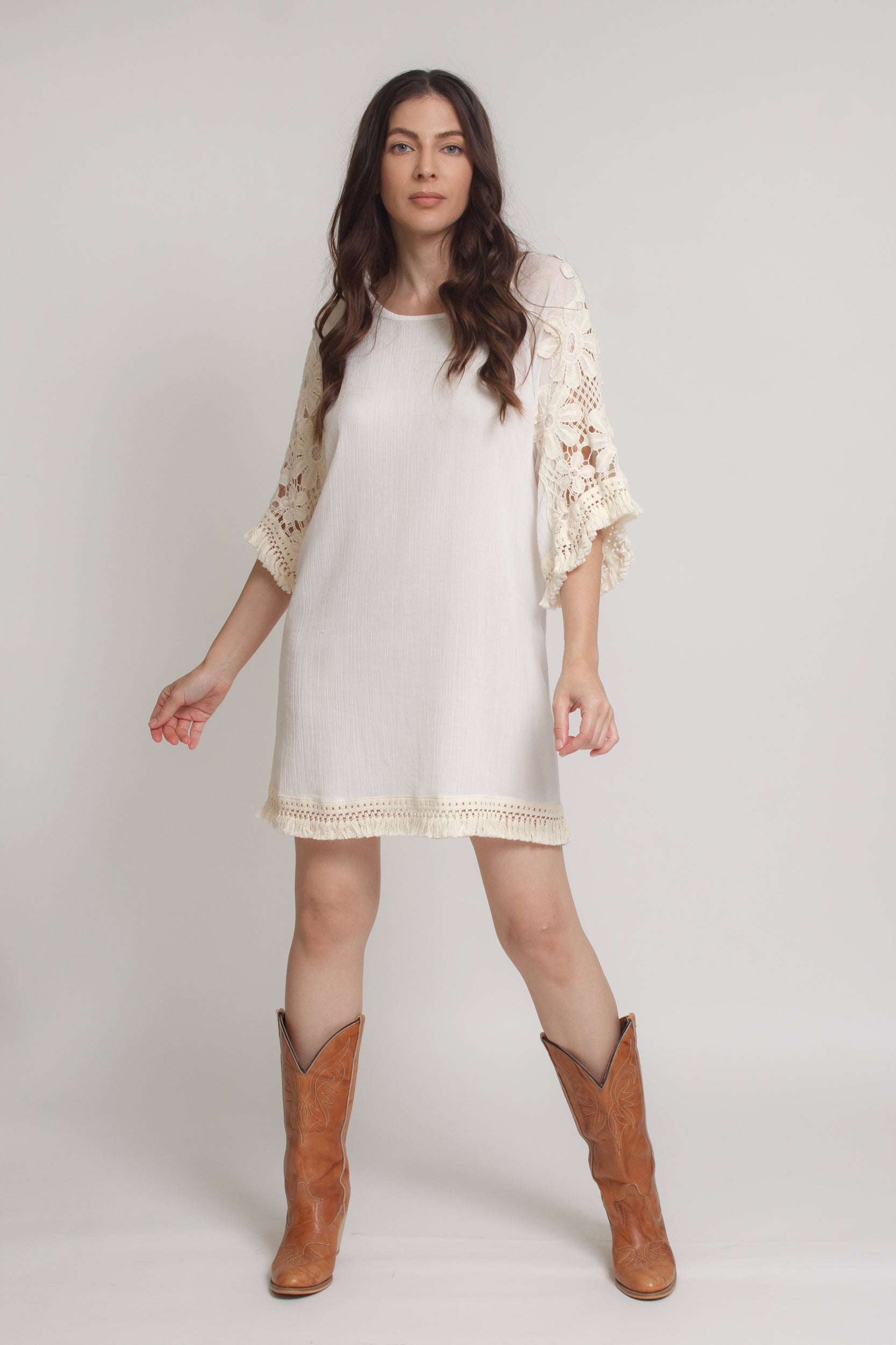 Crochet sleeve mini dress, in off white. Image 5