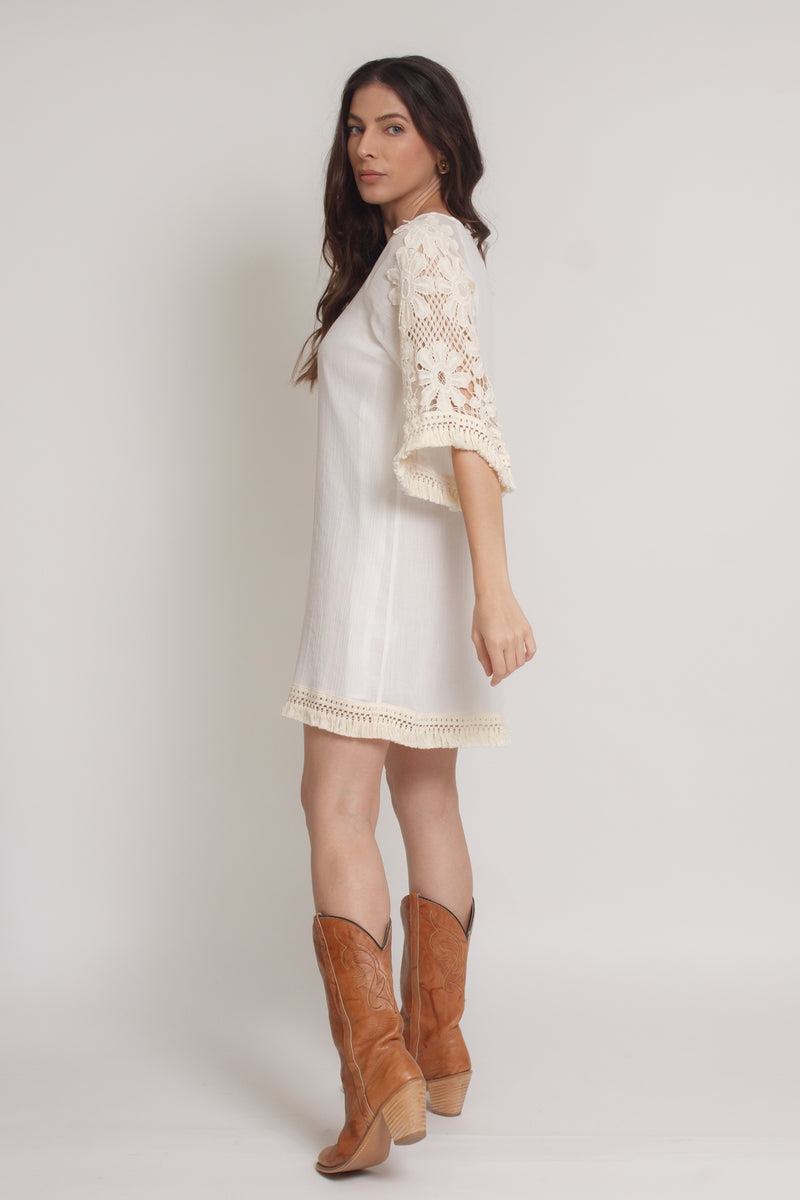 Crochet sleeve mini dress, in off white. Image 8