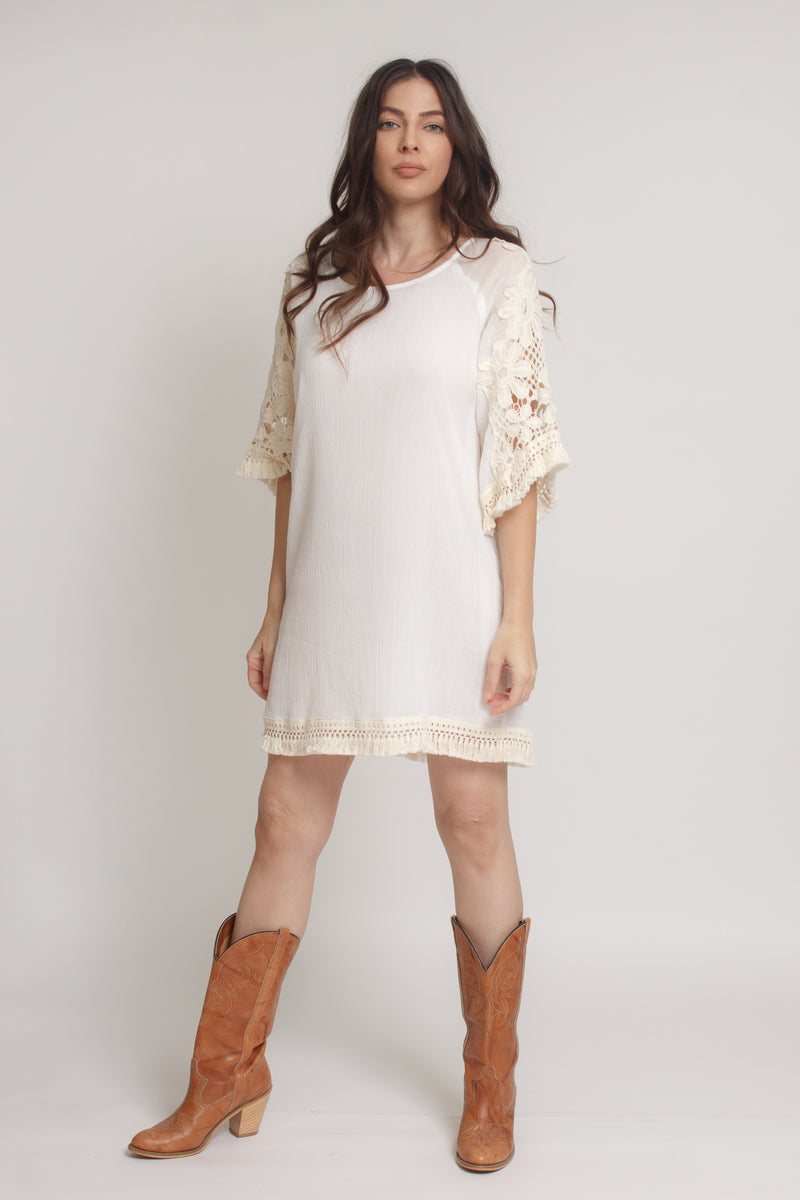 Crochet sleeve mini dress, in off white. Image 9