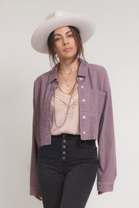 Corduroy button down cropped shirt, in purple. Image 10
