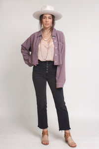 Corduroy button down cropped shirt, in purple. Image 14