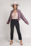 Corduroy button down cropped shirt, in purple. Image 15
