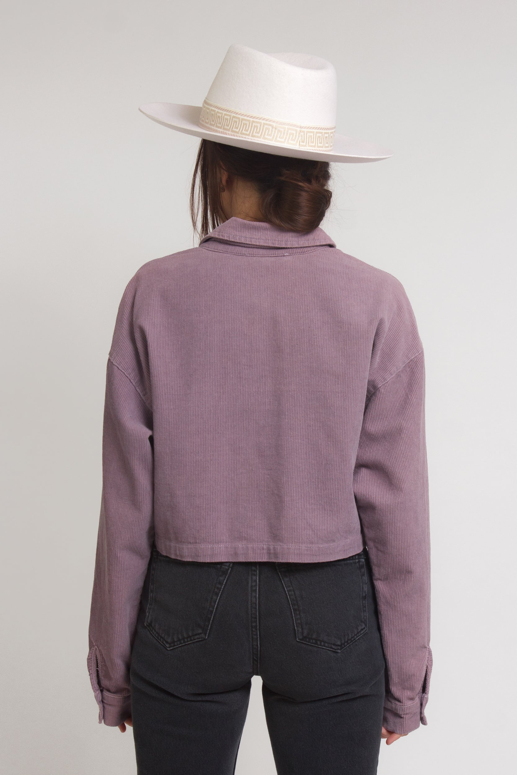 Corduroy button down cropped shirt, in purple. Image 2