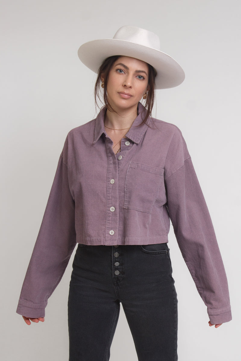 Corduroy button down cropped shirt, in purple. Image 3