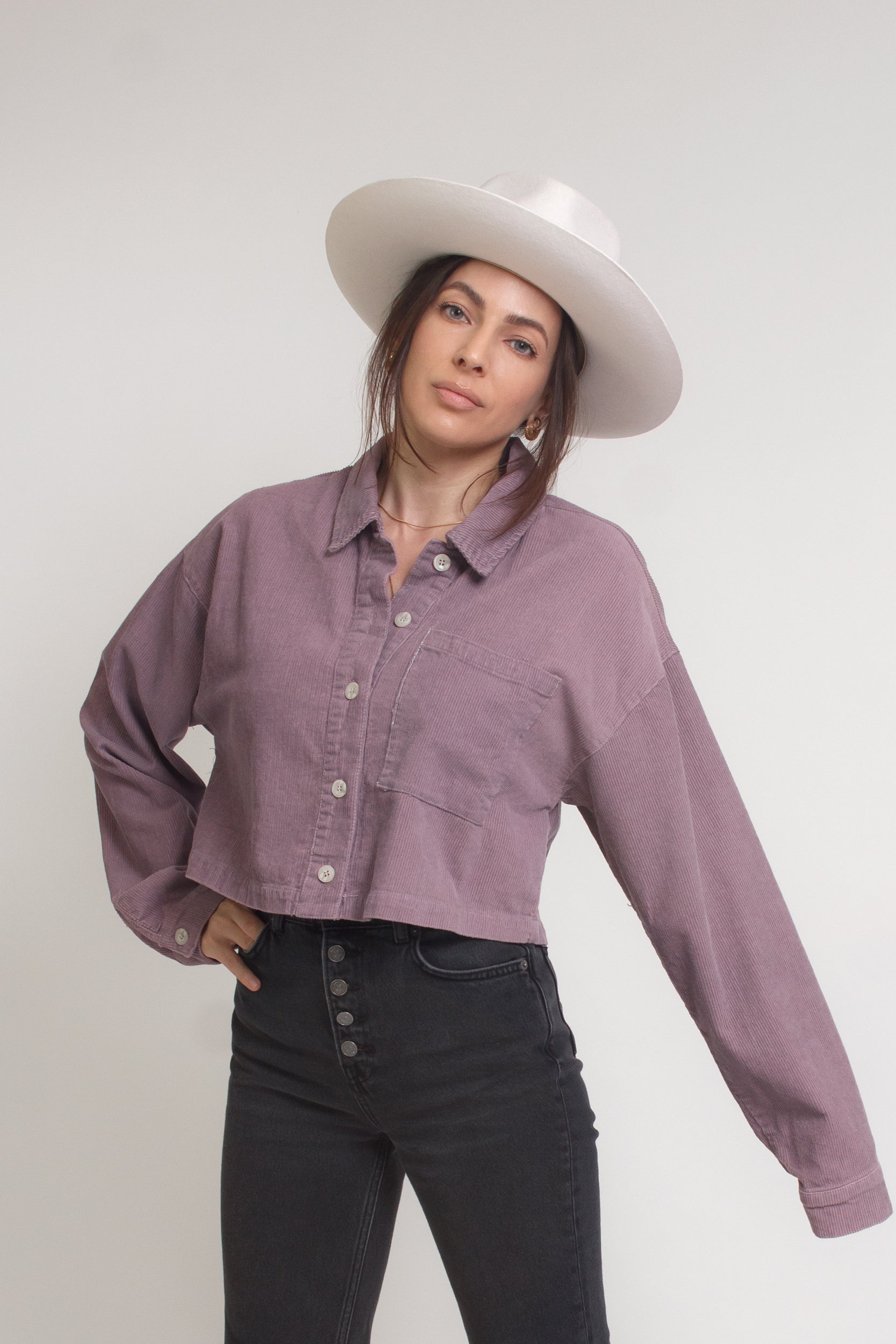 Corduroy button down cropped shirt, in purple. Image 4