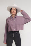 Corduroy button down cropped shirt, in purple. Image 5