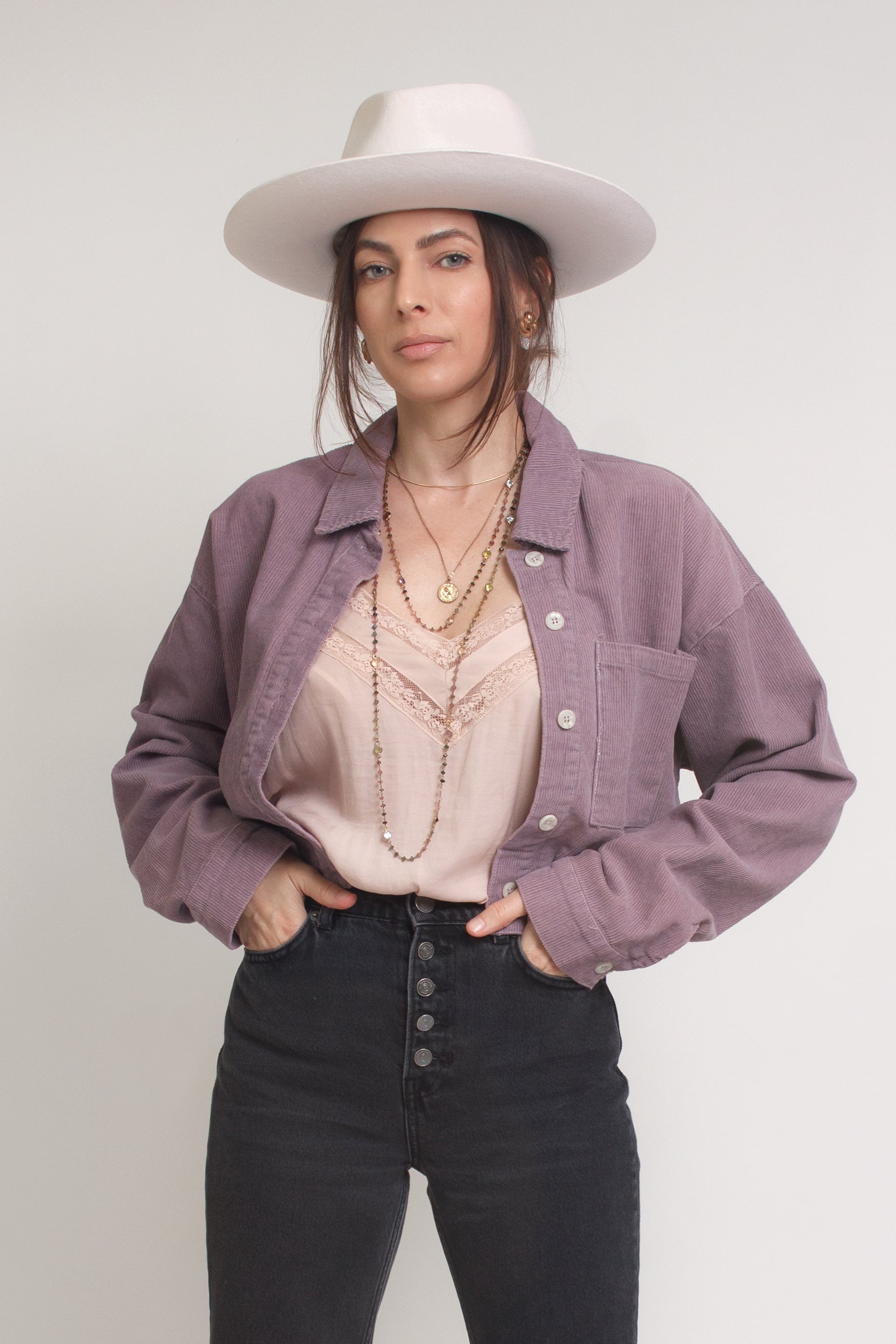 Corduroy button down cropped shirt, in purple. Image 8