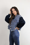 Cropped denim jacket with sweatshirt style sleeves. Image 2