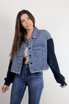Cropped denim jacket with sweatshirt style sleeves. Image 3