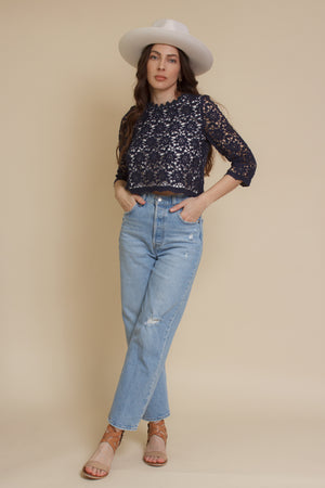 Cropped lace blouse, in navy.