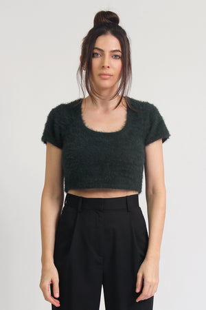 Short sleeve cropped fuzzy sweater, in forest green. Image 4