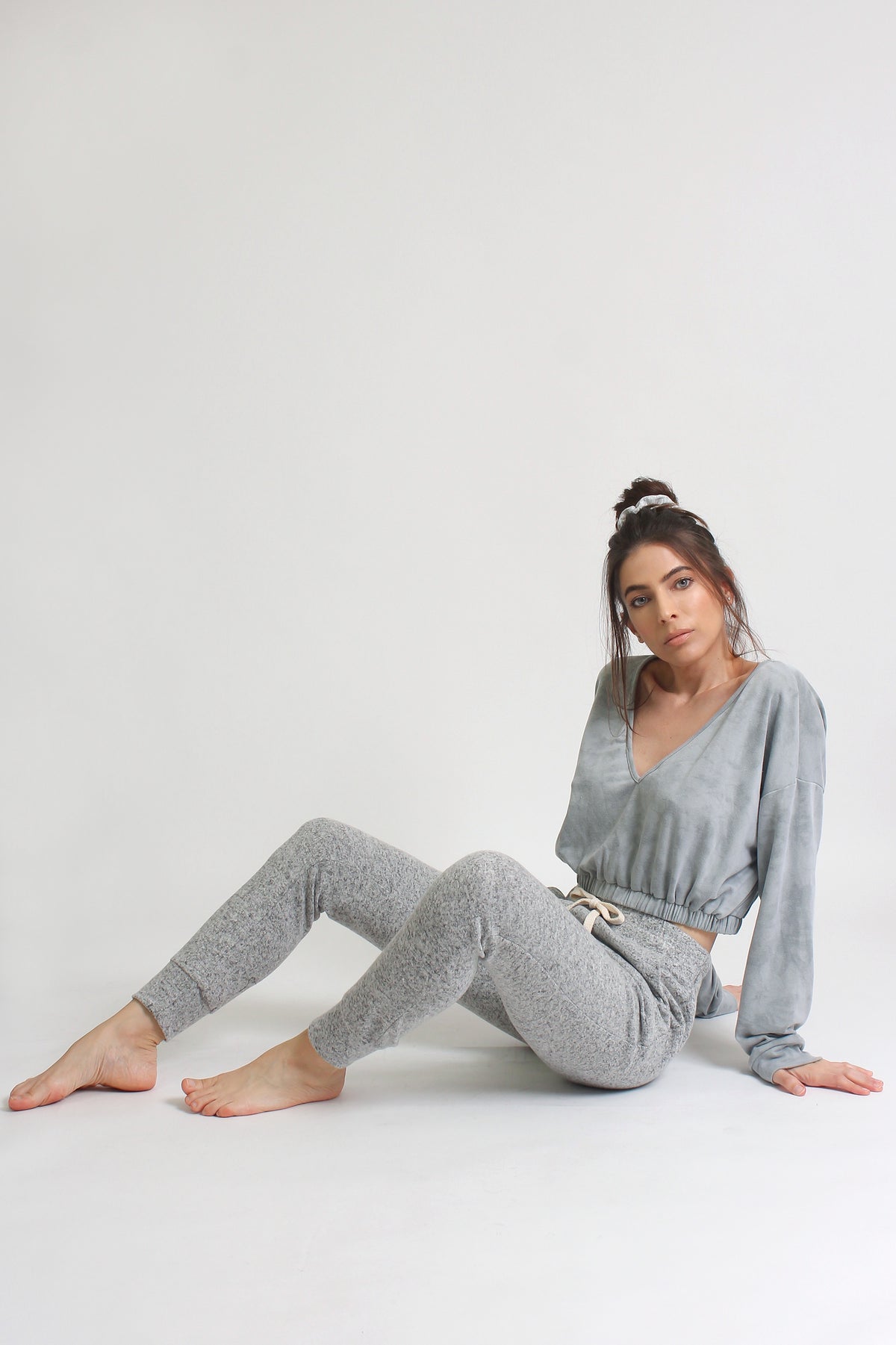 Marble tie dye cropped sweatshirt with elastic waist, in Sage. Image 2