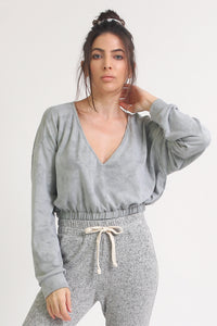 Marble tie dye cropped sweatshirt with elastic waist, in Sage. Image 3