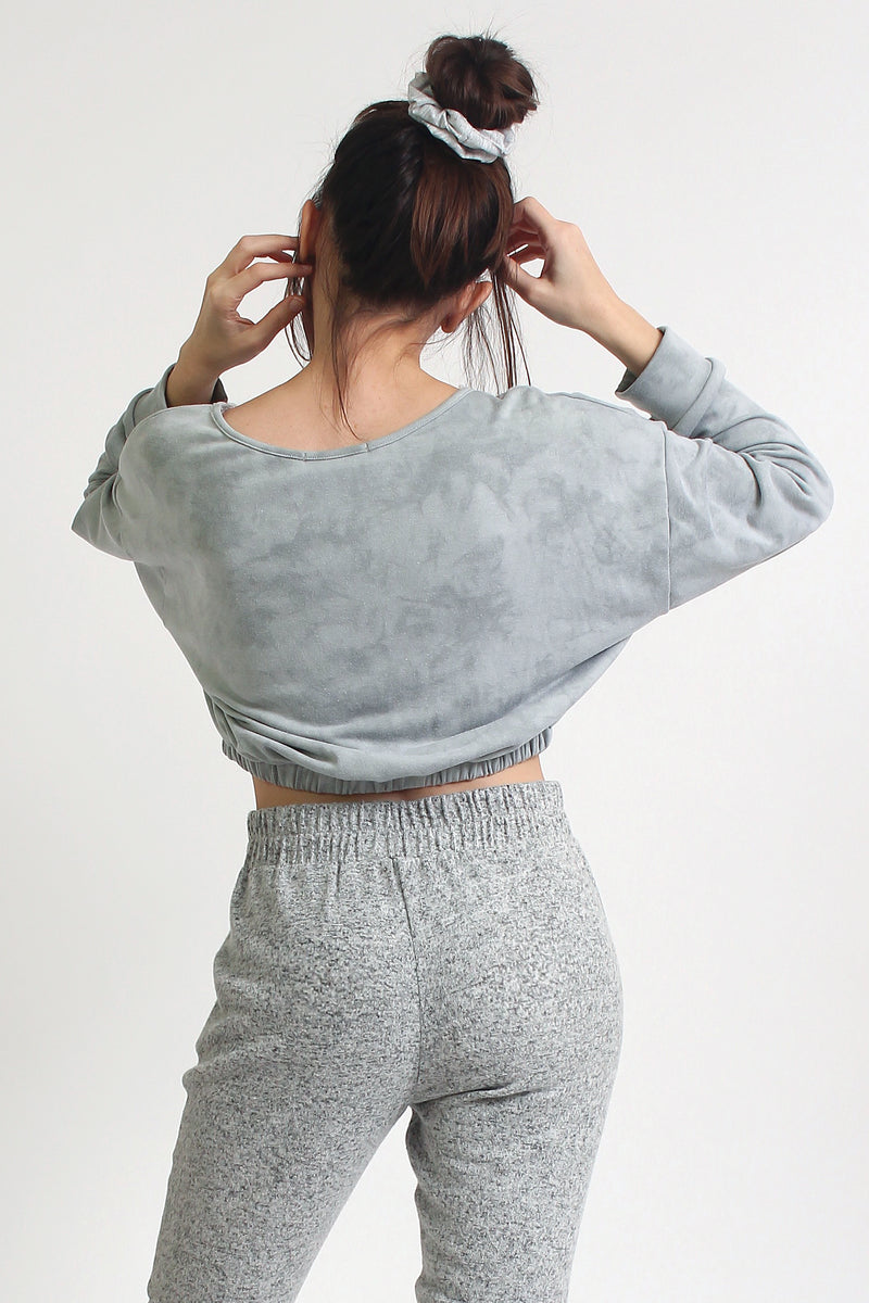 Marble tie dye cropped sweatshirt with elastic waist, in Sage. Image 6