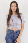 Knot front cropped tee shirt, in Grey. Image 2