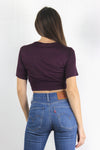 Knot front cropped tee shirt, in Plum. Image 2