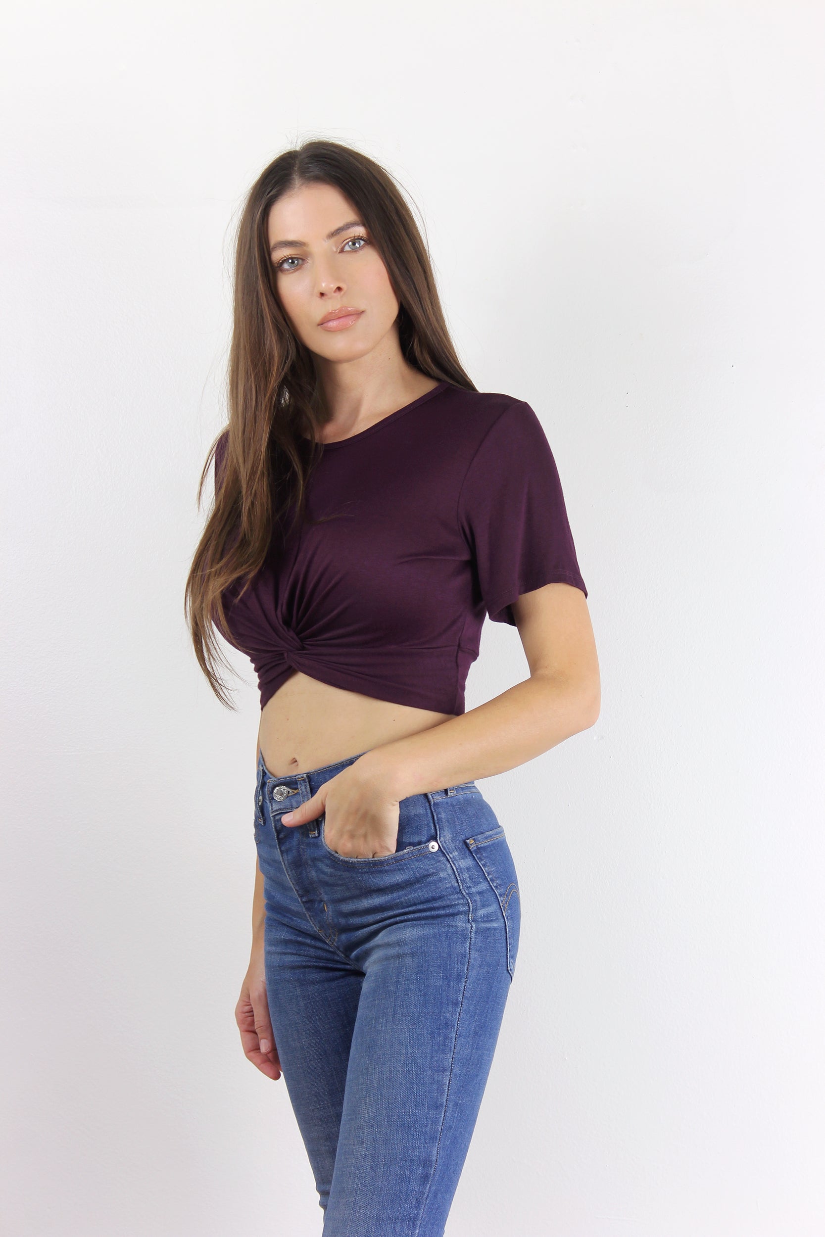 Knot front cropped tee shirt, in Plum. Image 3