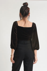Cropped velvet tie front blouse, in olive. Image 2