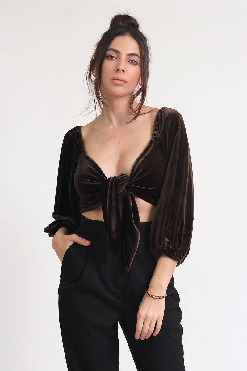 Cropped velvet tie front blouse, in olive. Image 6