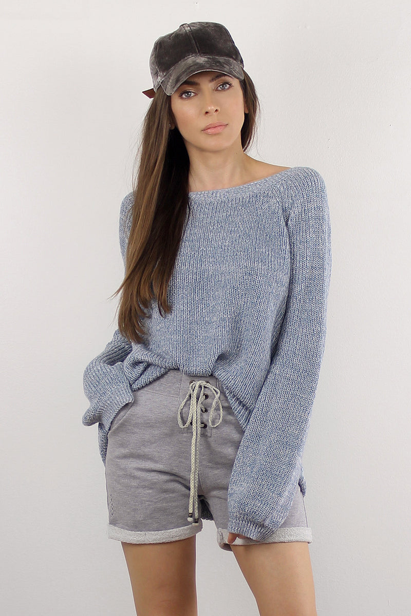 Slouchy sweater with criss cross back, in Blue.