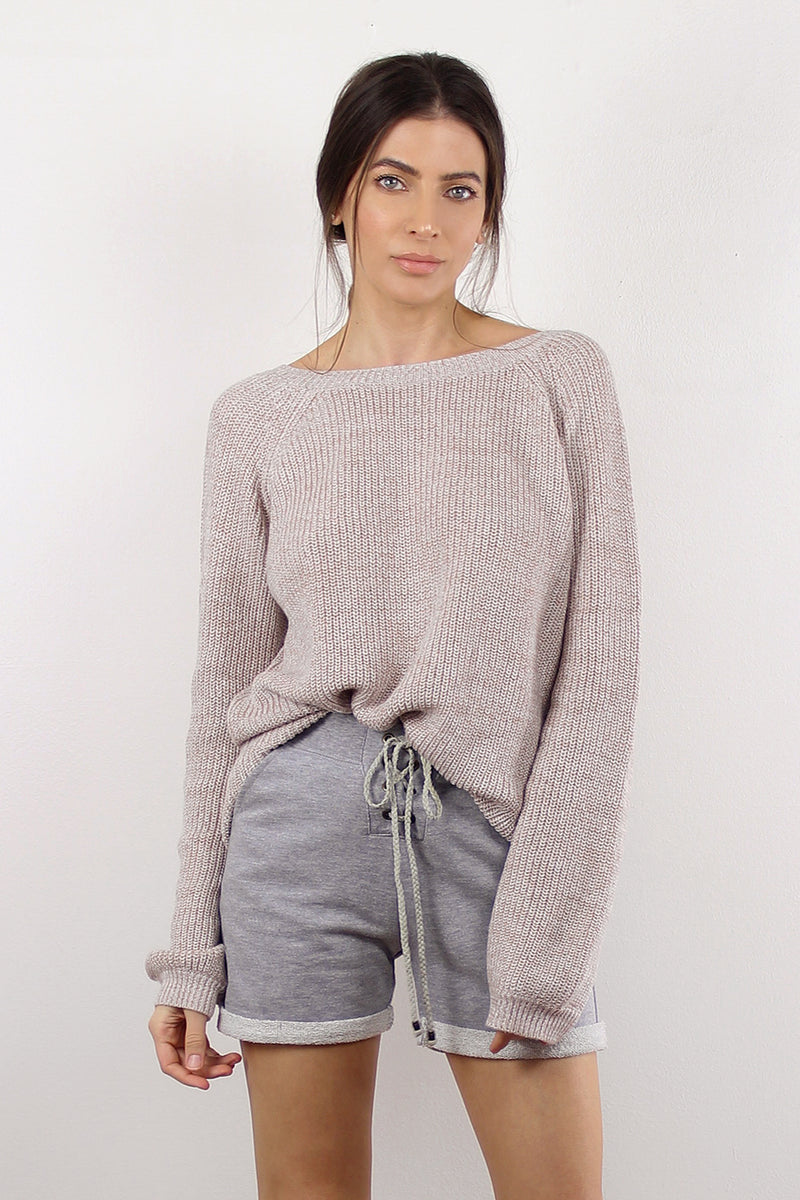 Slouchy sweater with criss cross back, in sand.