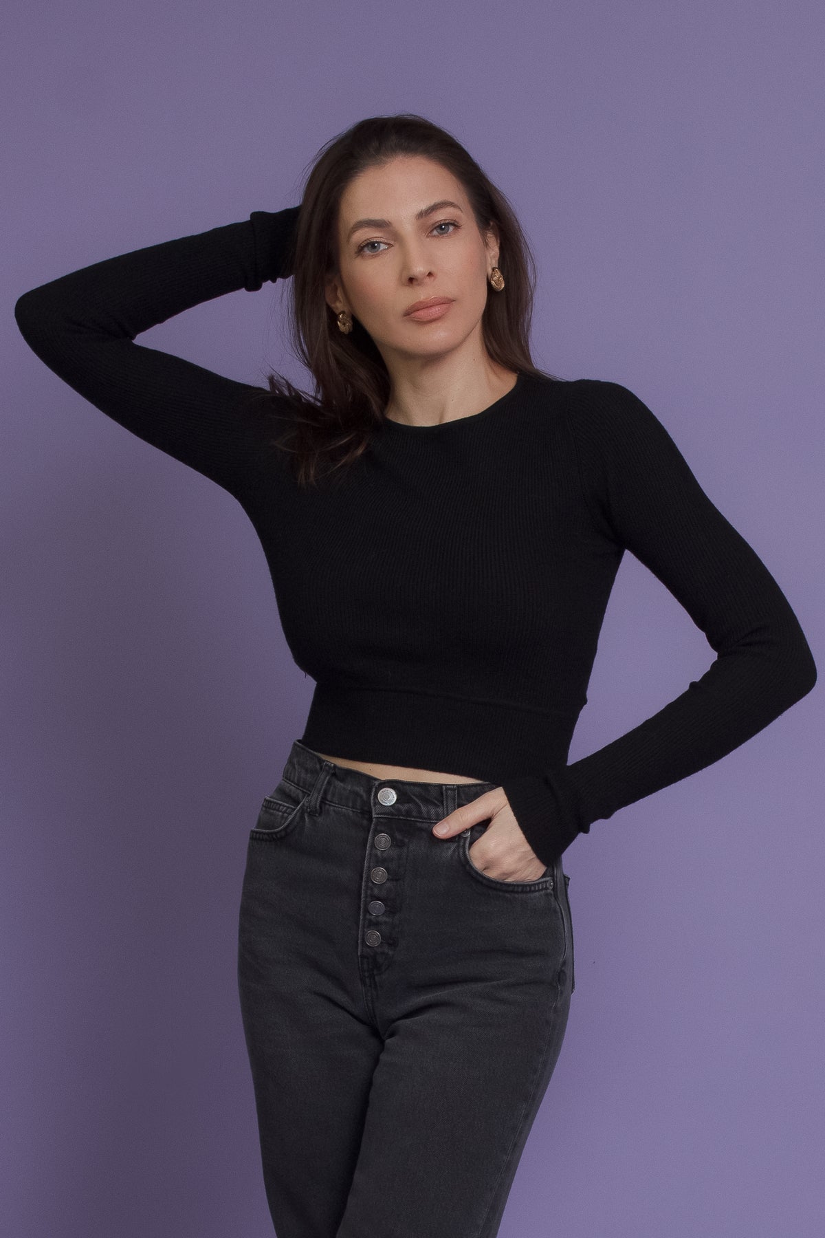 Cutout back sweater top, in black. Image 11