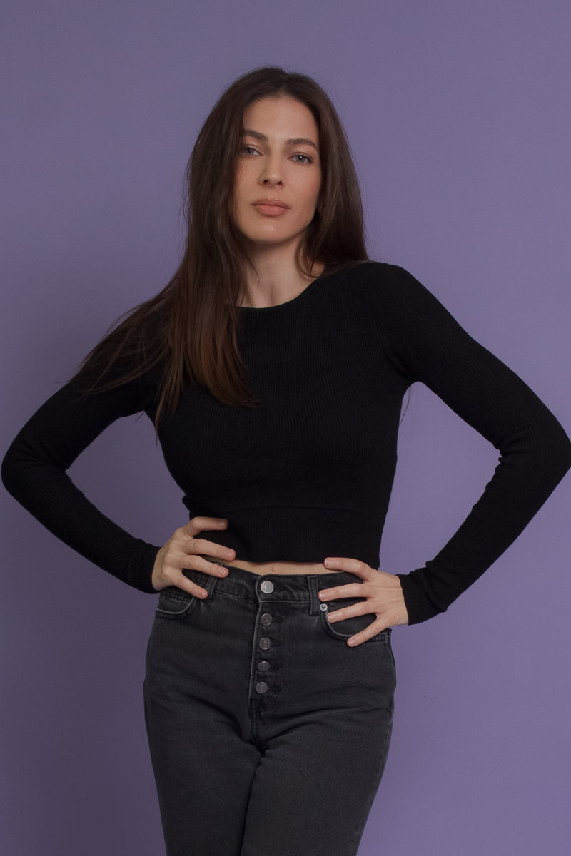 Cutout back sweater top, in black. Image 2