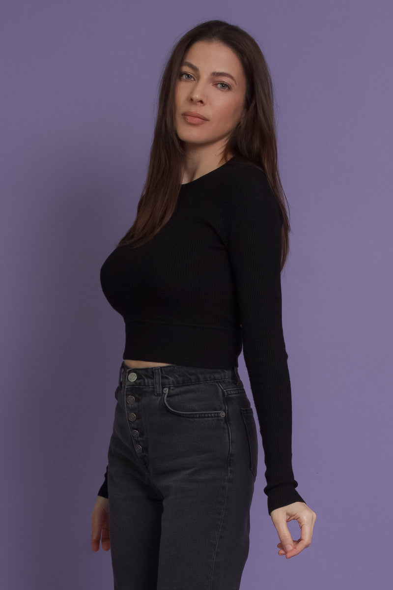 Cutout back sweater top, in black. Image 3