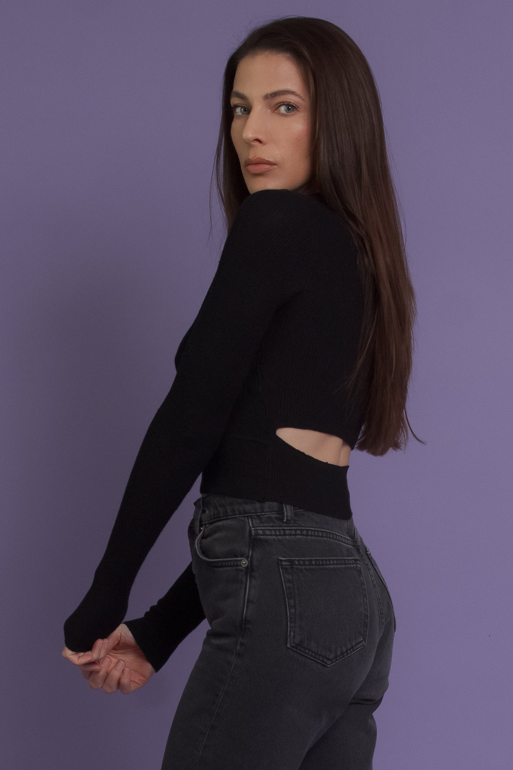 Cutout back sweater top, in black. Image 6